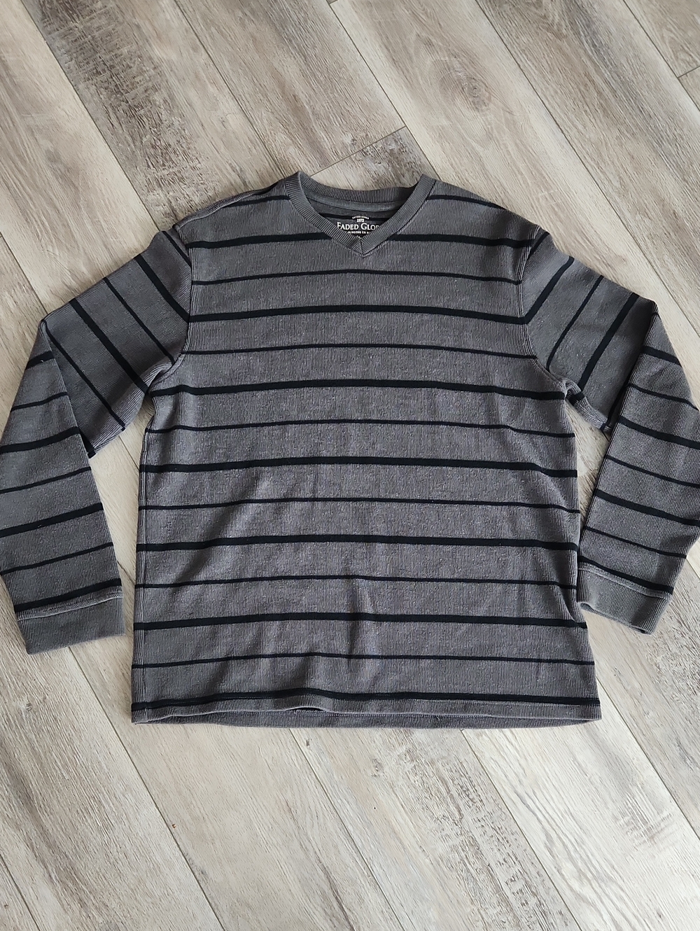 Faded Glory Gray Long-Sleeve V Neck Sweater with Black Stripes